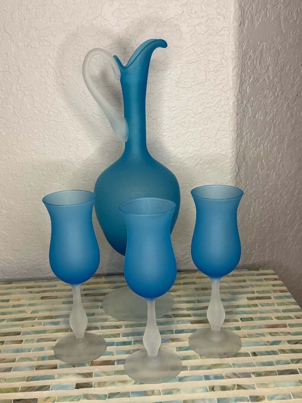 Empoli Frosted Blue Glass Decanter and Stemware Set